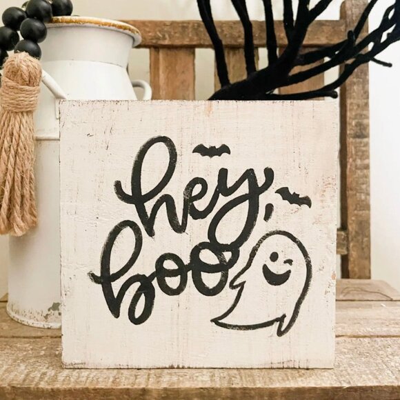 "Hey Boo" Rustic Wood Block Sign - Picture 2 of 2